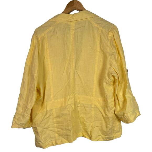 Chicos Yellow 100% Linen Safari Jacket Size 3 - XL Roll-Tab Sleeve Lightweight - Picture 2 of 6